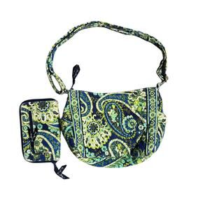 Vera Bradley Quilted Shoulder Bag w Matching Zip Wallet Blue Green Paisley